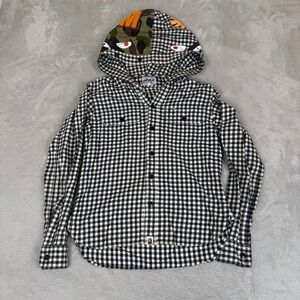 VTG‎ A Bathing Ape Shark Hooded Button Up Shirt Mens S Black White Gingham